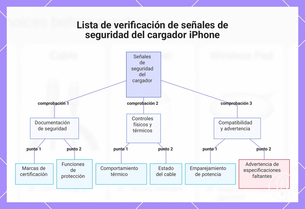 Lista de verificación de señales de seguridad del cargador iPhone