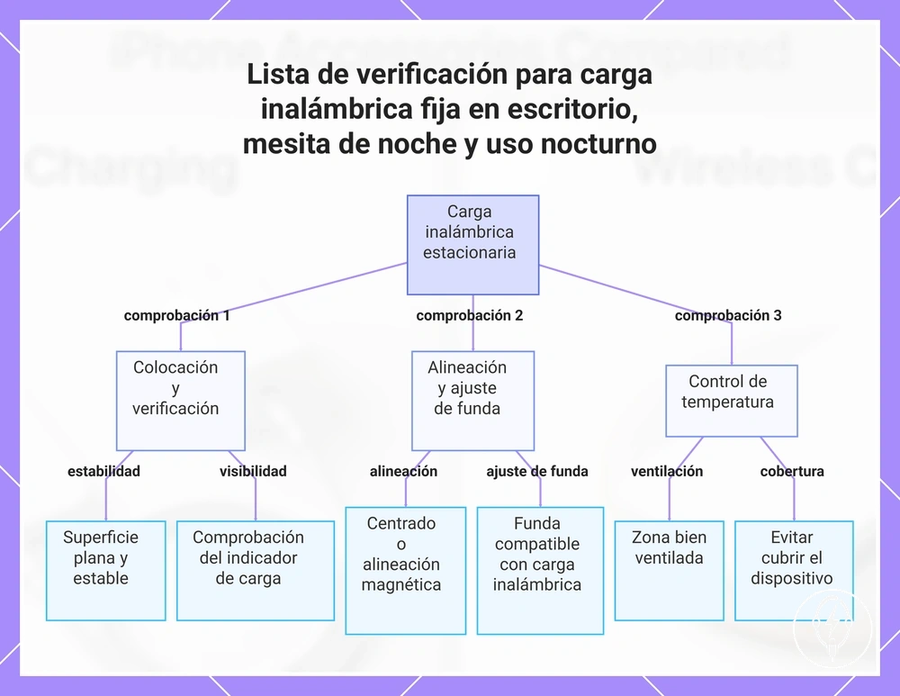 Lista de verificación para carga inalámbrica fija en escritorio, mesita de noche y uso nocturno