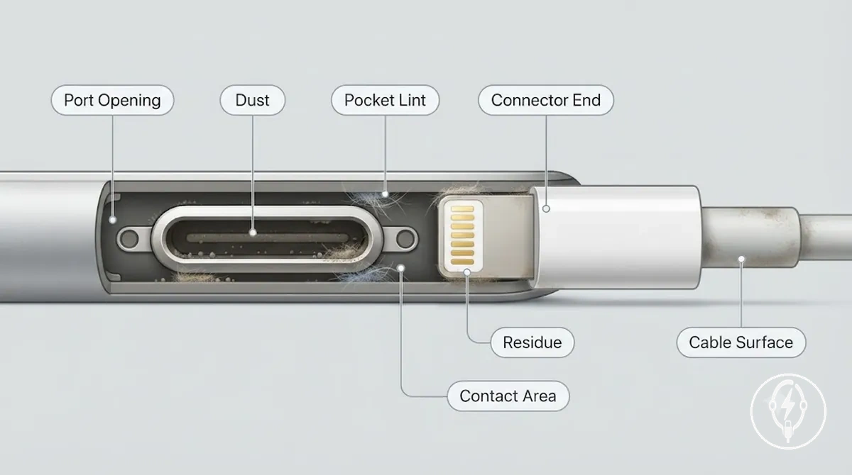 Polvo, pelusa y residuos cerca del puerto de carga y el extremo del conector del iPhone