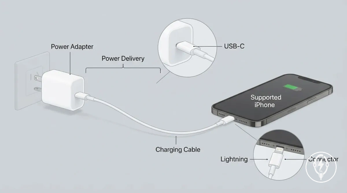Elementos de accesorios de carga rápida para iPhone anotados, incluidos adaptador, cable y conector