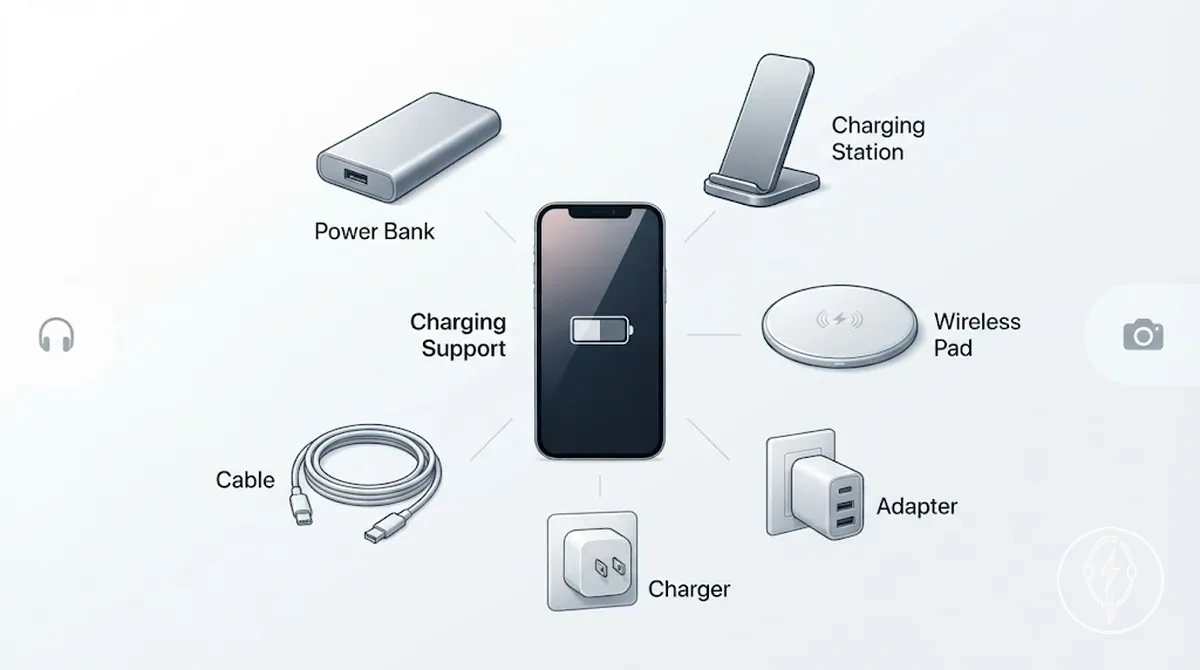 Accesorios de carga para iPhone: cargador, cable, adaptador, base inalámbrica, soporte de carga, estación de carga y batería externa