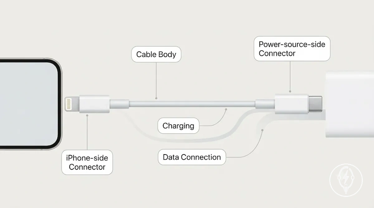 Cable de carga para iPhone anotado que muestra el cuerpo del cable, el conector del lado del iPhone y el conector del lado de la fuente de alimentación