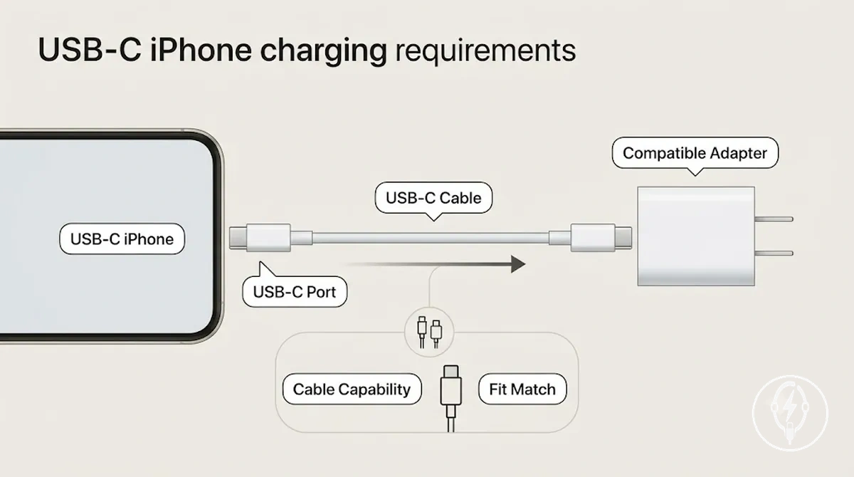 Diagrama del iPhone con USB-C conectado con cable USB-C y adaptador compatible