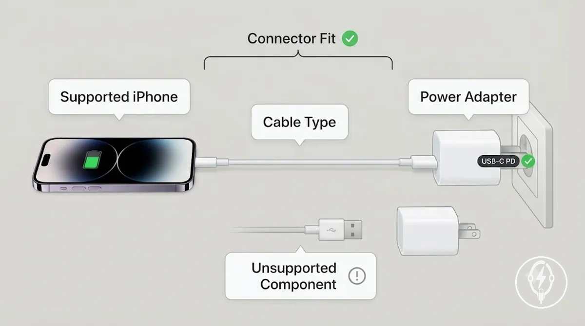 Diagrama de requisitos de carga rápida para iPhone que muestra el teléfono, adaptador, cable y conector compatibles