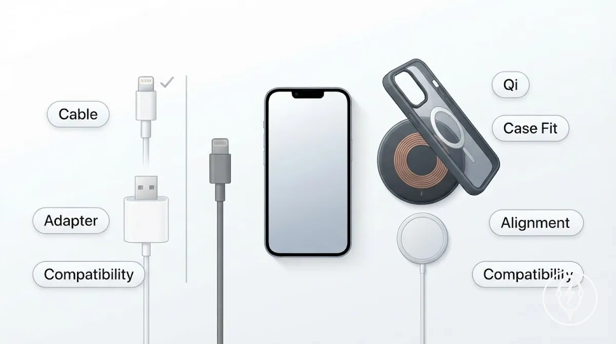 Comprobaciones de compatibilidad del cable de carga, adaptador, base inalámbrica y cargador magnético para iPhone