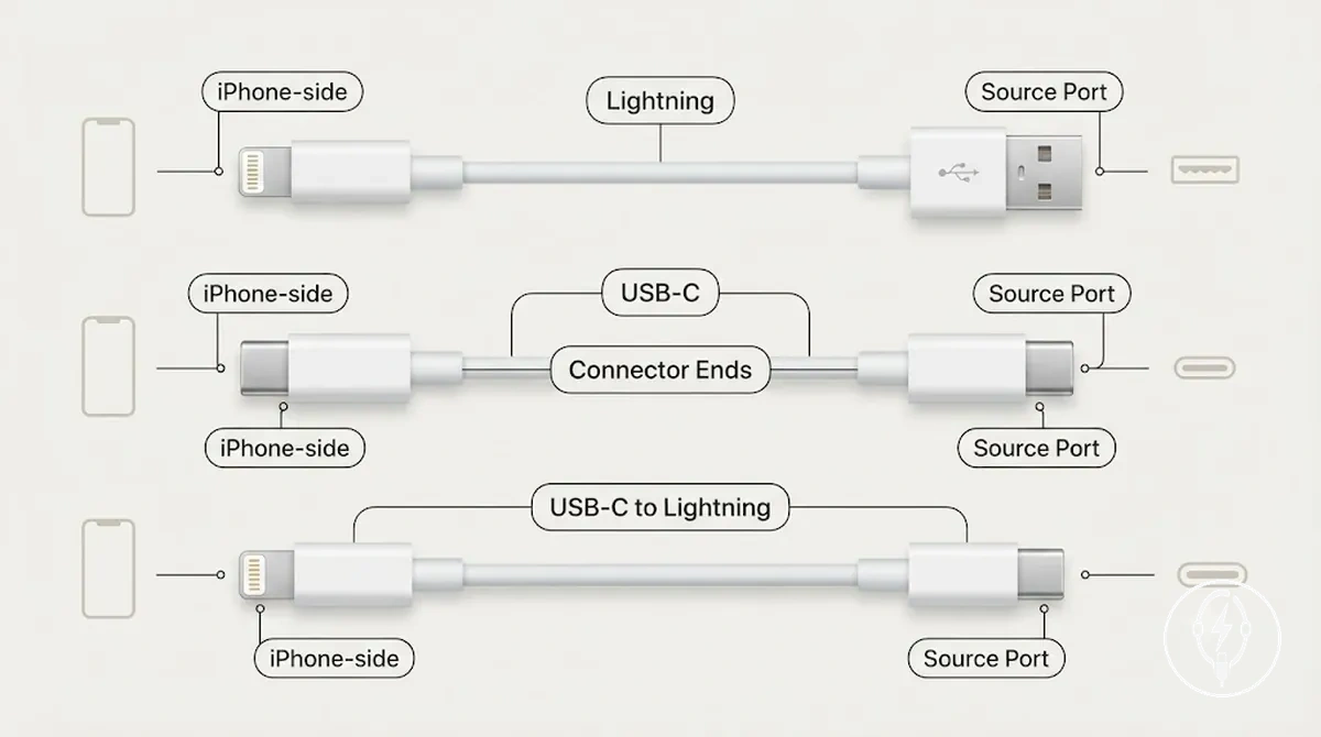 Comparación de tipos de cables Lightning, USB-C y USB-C a Lightning que muestra los extremos de los conectores