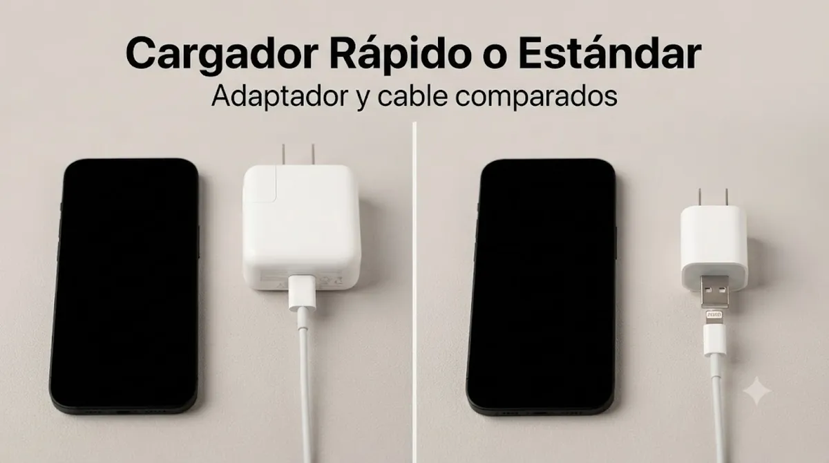 Cargador rápido y cargador estándar para iPhone comparados por adaptador y cable