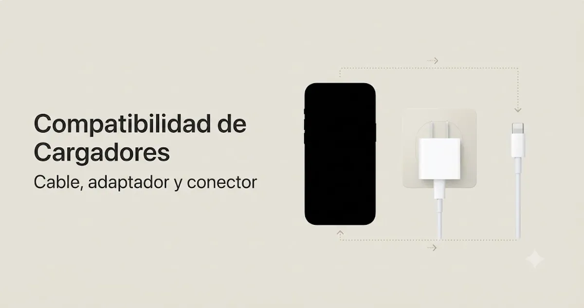 Cargador, cable, adaptador y conector compatibles para iPhone en una configuración de carga