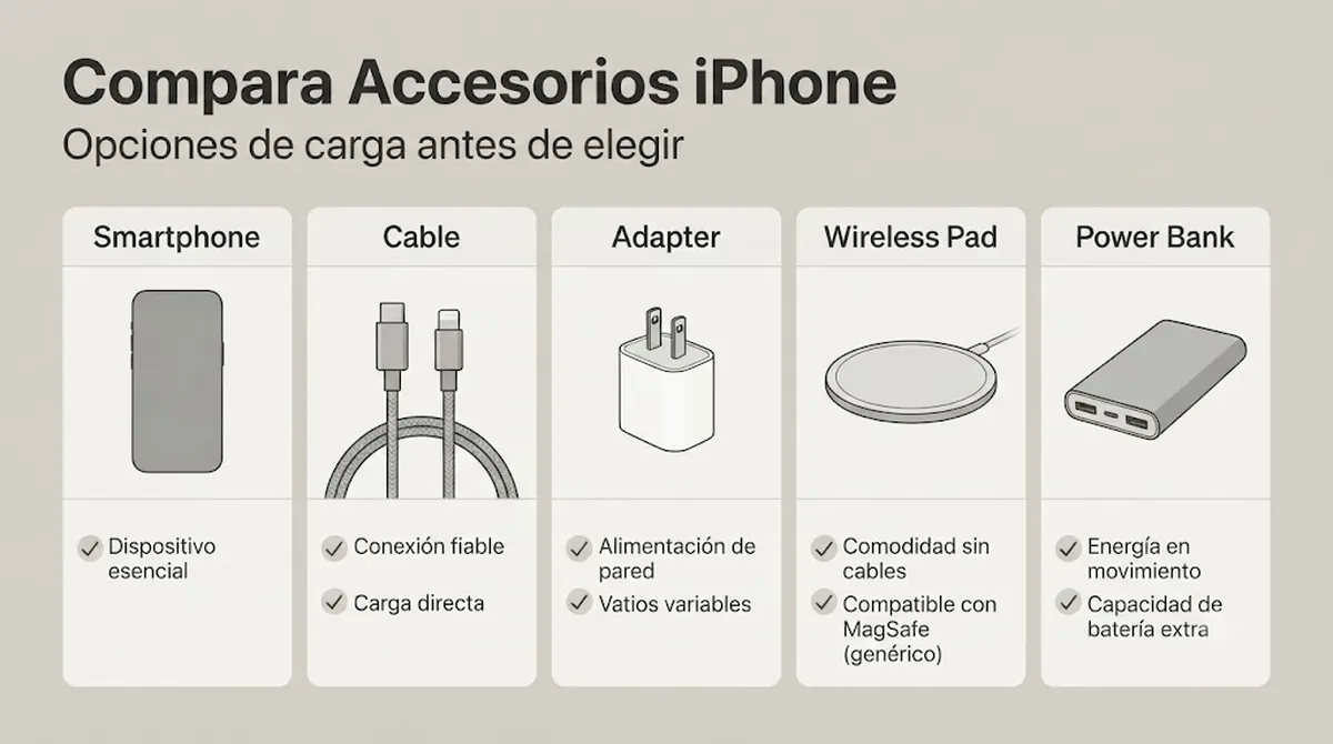 Accesorios de carga para iPhone colocados para comparar antes de comprar