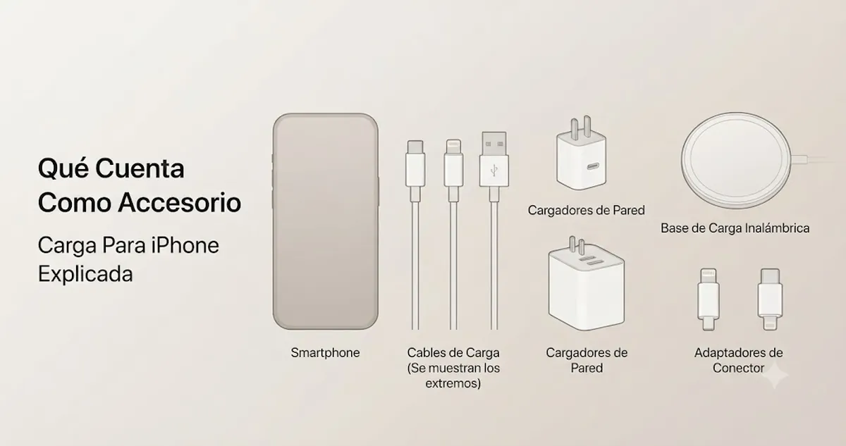 Diferentes elementos que cuentan como accesorios de carga para iPhone mostrados juntos