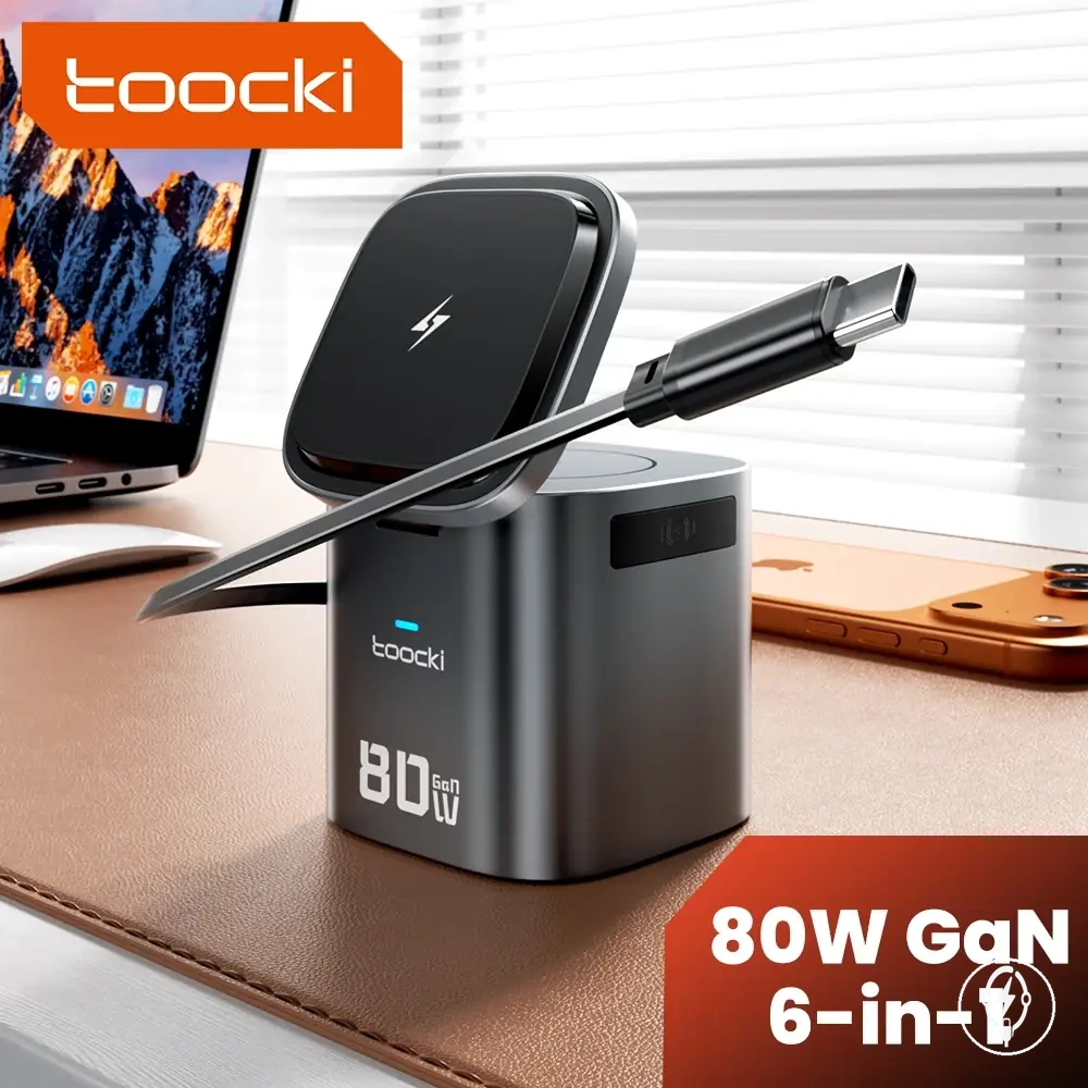 Station de charge GaN 6-en-1 80 W avec chargeur rapide rétractable et adaptateur sans fil