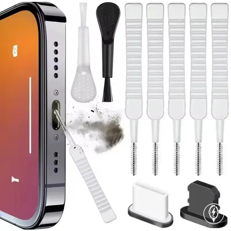 Set de nettoyage pour haut-parleur et port de charge de téléphone avec brosse et bouchons anti-poussière