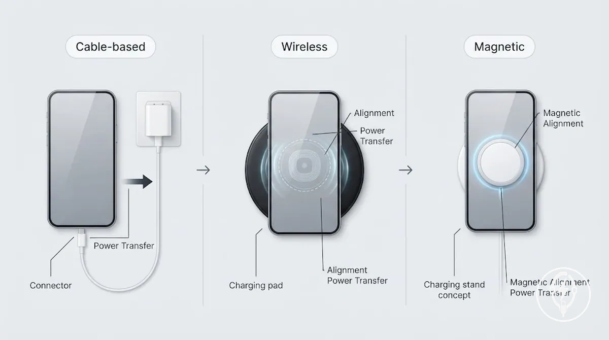 Schéma des méthodes de charge par câble et sans fil pour iPhone