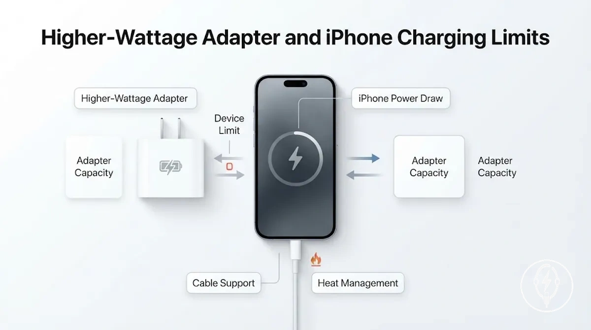 Diagramme montrant la capacité de l adaptateur de puissance supérieure et la limite de charge de l iPhone