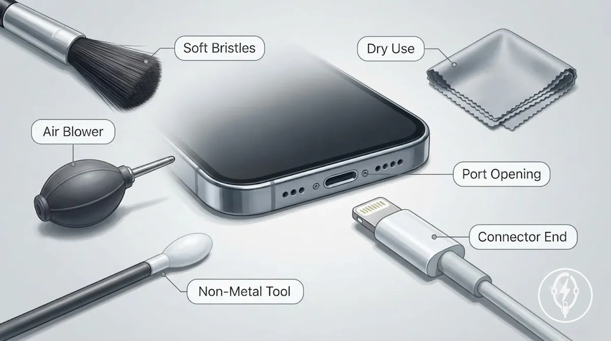 Brosse souple, soufflette d’air et outil non métallique pour le nettoyage du port de charge de l’iPhone