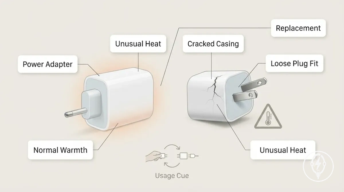 Adaptateur de charge pour iPhone montrant le boîtier, l ajustement de la fiche et des indicateurs de contrainte liée à la chaleur
