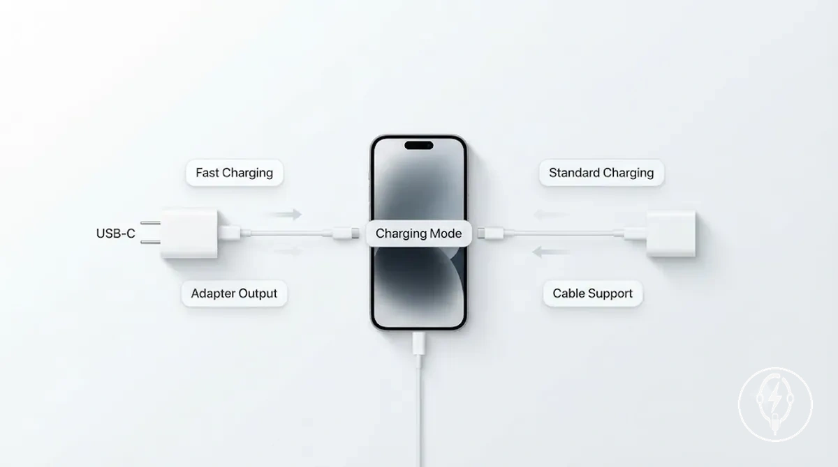 Modes de charge rapide et standard pour iPhone illustrés avec des exemples de chargeur et de câble