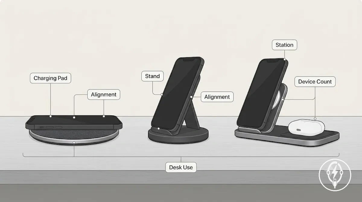Chargeurs sans fil, supports et stations montrant un socle de charge, un support vertical, une station multi-appareils, le placement d un iPhone et un indicateur d alignement