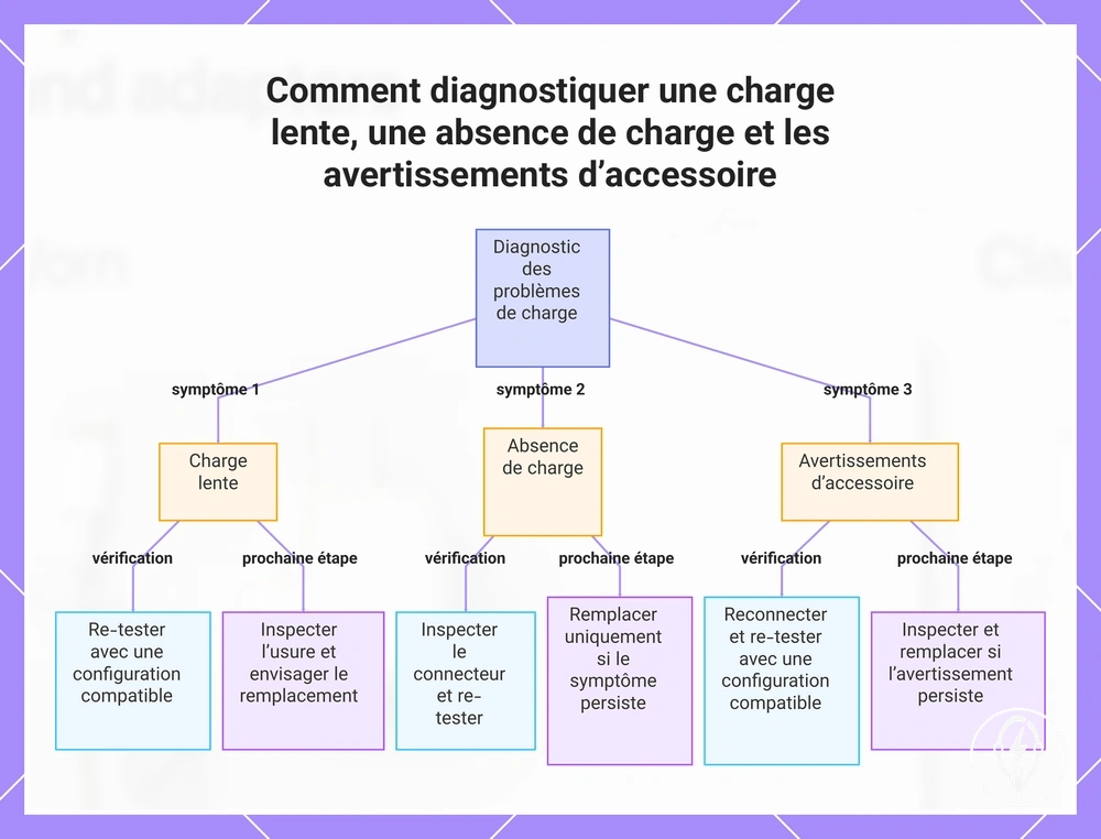 Comment diagnostiquer une charge lente, une absence de charge et les avertissements d’accessoire