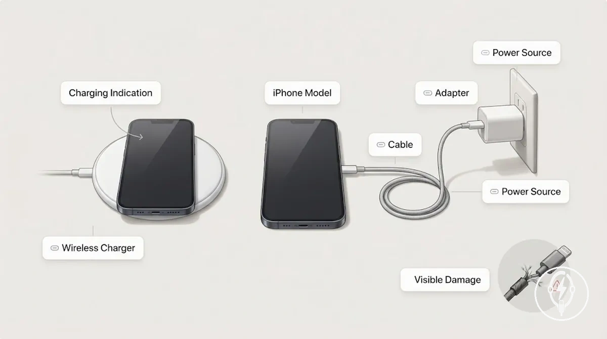 Configuration de charge compatible pour iPhone avec câble, adaptateur et chargeur sans fil assortis