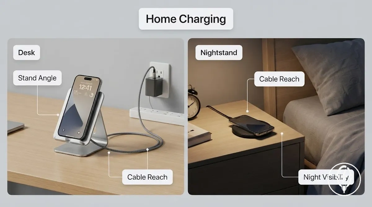 Configuration de charge iPhone à la maison sur un bureau et une table de chevet montrant différentes positions de charge