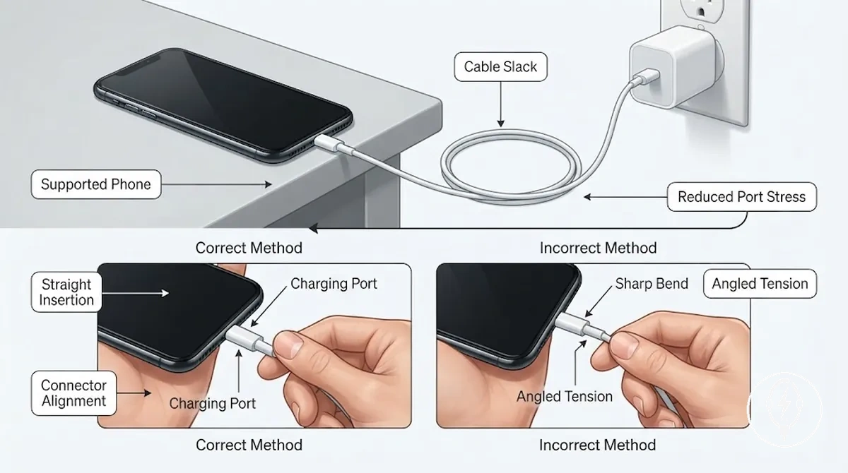 Insertion droite du connecteur avec un téléphone soutenu et un câble de charge détendu