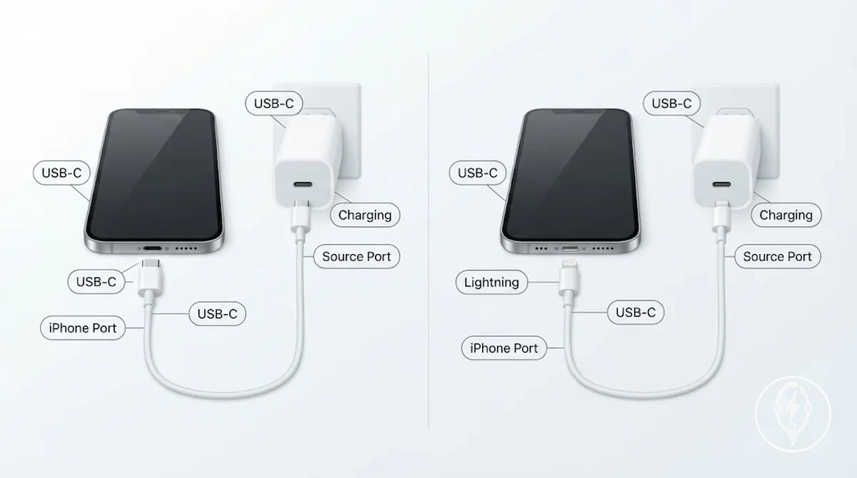Comparaison des formats de connecteur USB-C et Lightning pour la charge et les données sur iPhone