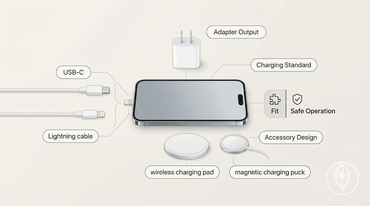Facteurs de compatibilité pour les accessoires de charge pour iPhone incluant le type de connecteur, la norme de charge, la sortie de l adaptateur et la conception de l accessoire