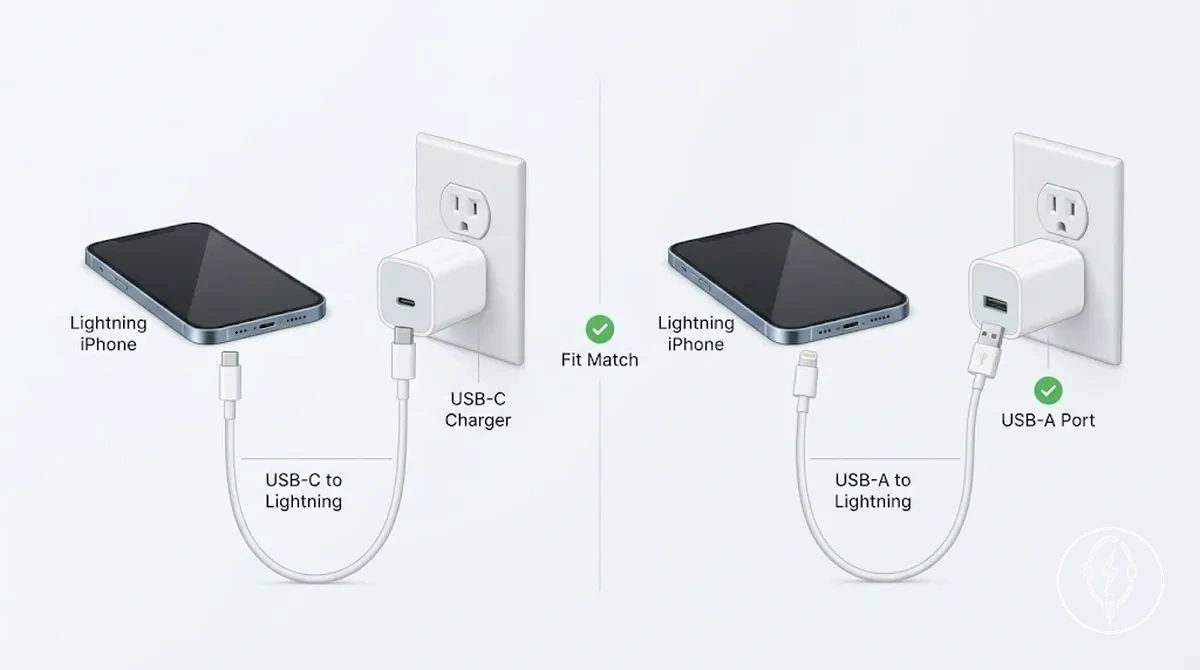 iPhone Lightning avec un câble USB-C vers Lightning montrant les connecteurs côté iPhone et côté source