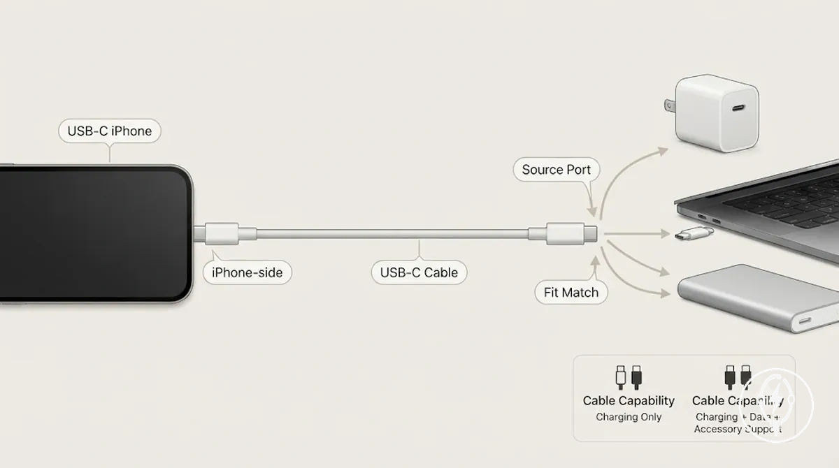 iPhone USB-C connecté avec un câble de charge USB-C montrant les connecteurs côté iPhone et côté source