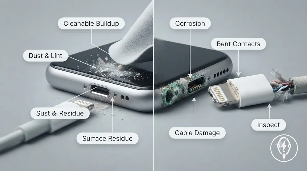 Poussière nettoyable et dommages non nettoyables sur les contacts de charge et les extrémités de connecteur de l’iPhone