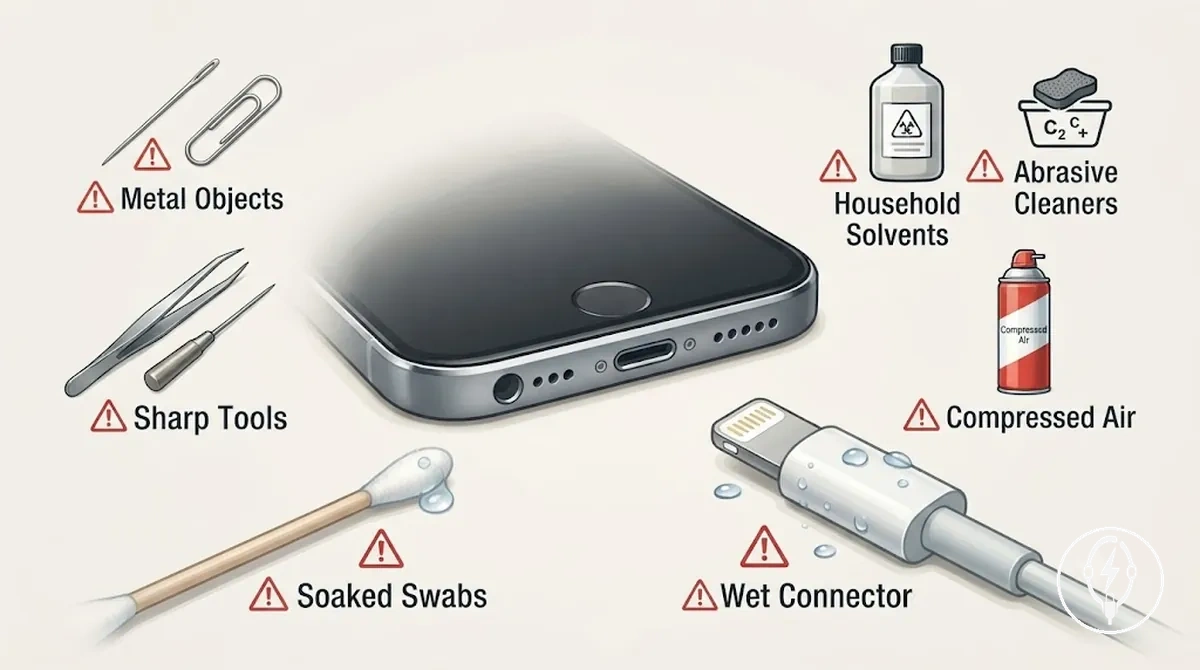Outils et liquides à éviter lors du nettoyage des contacts de charge de l’iPhone