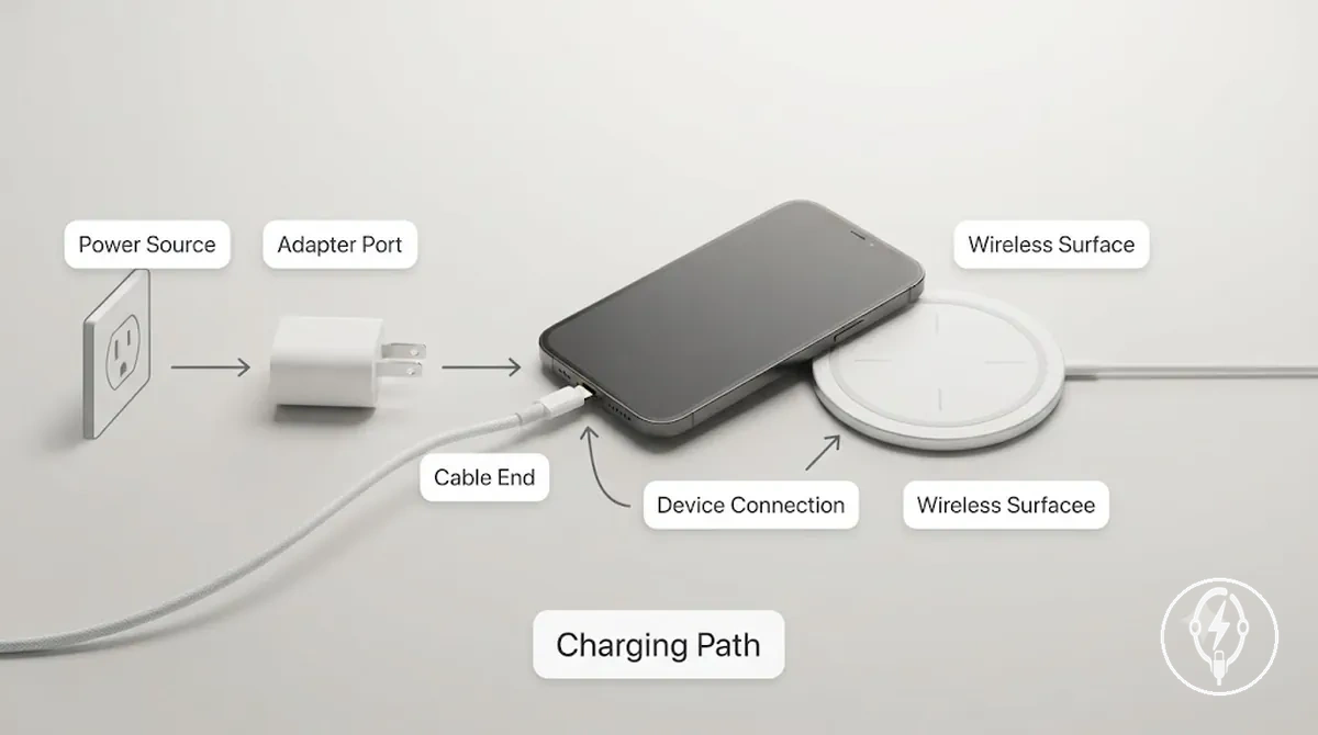 Schéma montrant comment les parties d accessoire se connectent pour créer une voie de charge complète pour iPhone