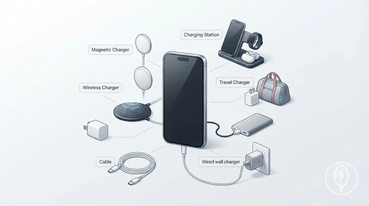 Principales catégories d accessoires de charge pour iPhone incluant chargeurs filaires, câbles, chargeurs sans fil, stations de charge et chargeurs portables