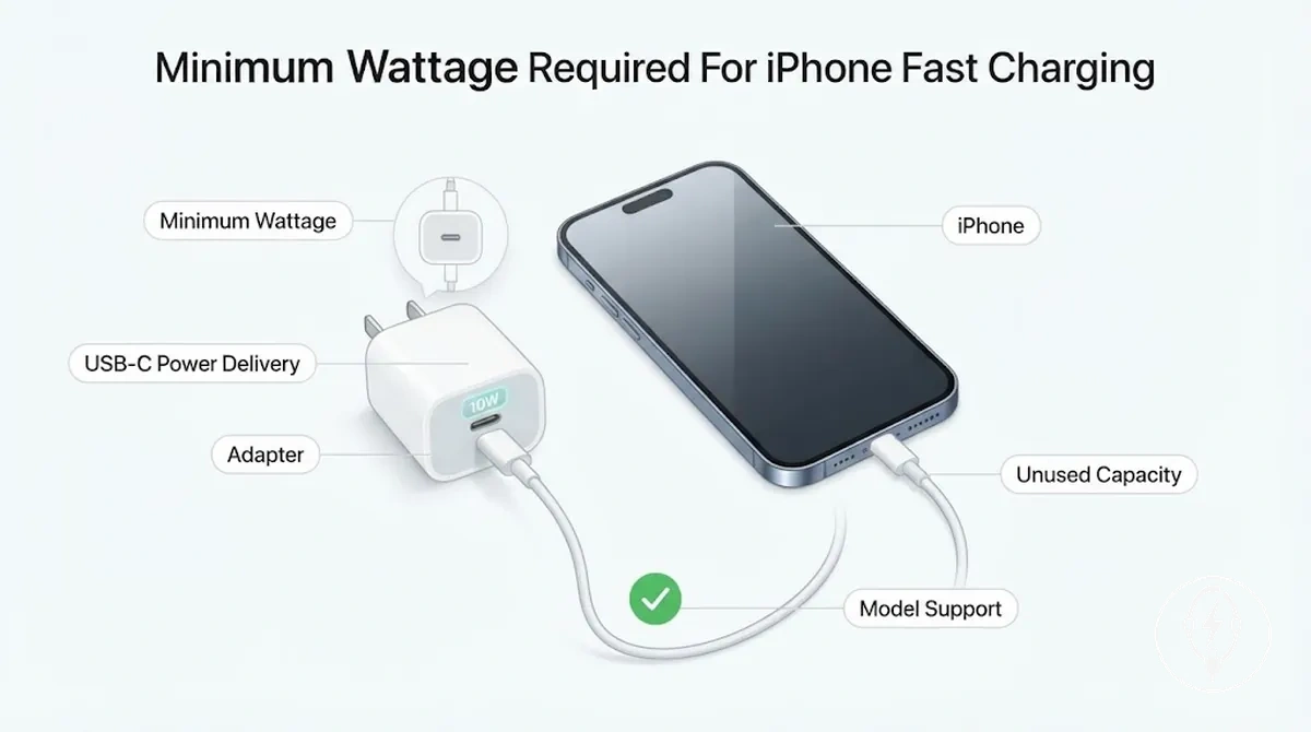Configuration de charge rapide iPhone annotée montrant la puissance minimale et la prise en charge USB-C Power Delivery