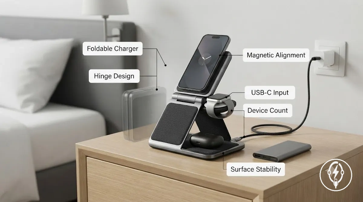 Station de charge pliable dépliée sur une table de chevet d hôtel pour une configuration de charge en voyage