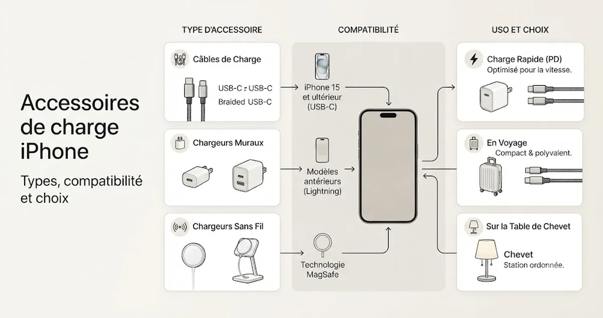 Accessoires de charge pour iPhone classés par type, compatibilité et usage d’achat