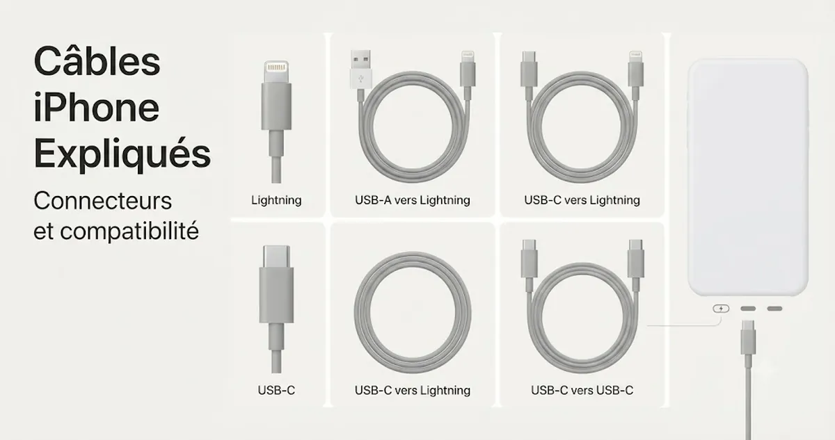 Câbles de charge pour iPhone et extrémités de connecteurs disposés pour comparer la compatibilité