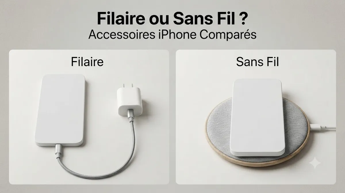 Accessoires de charge filaires et sans fil pour iPhone comparés côte à côte