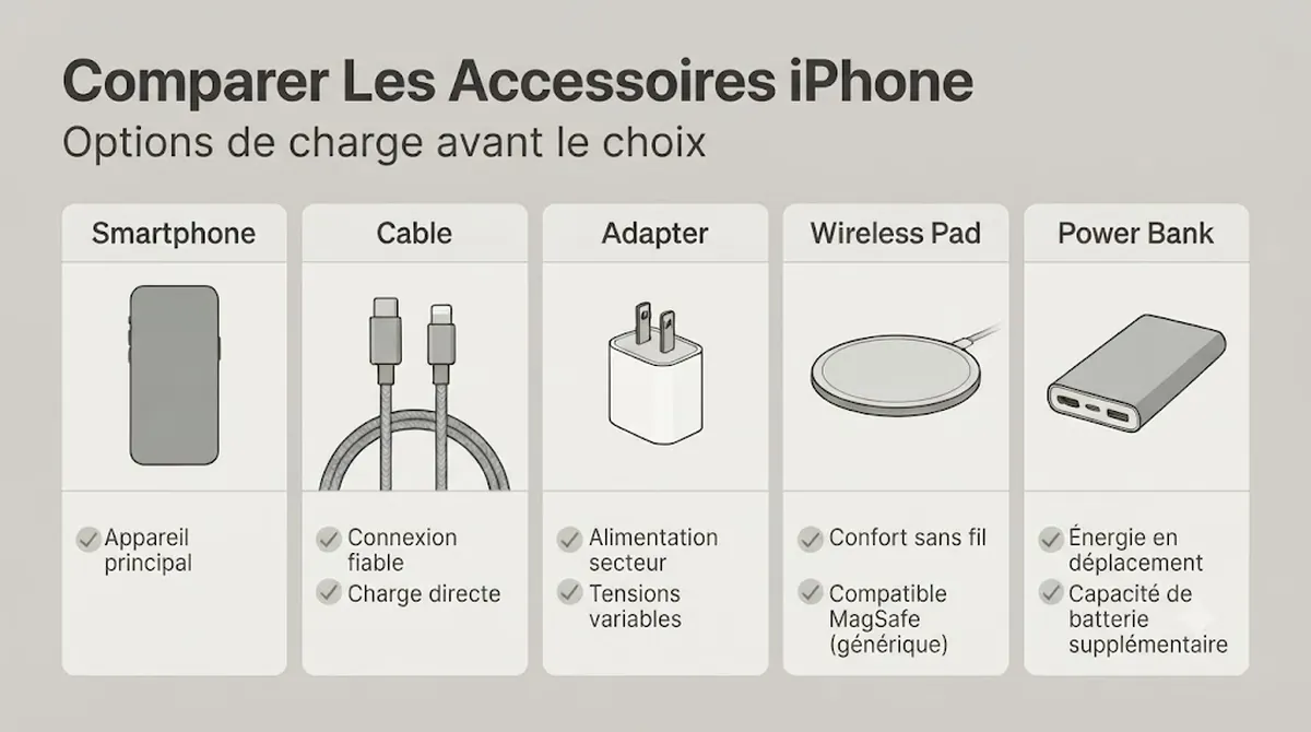 Accessoires de charge pour iPhone disposés pour comparaison avant l’achat