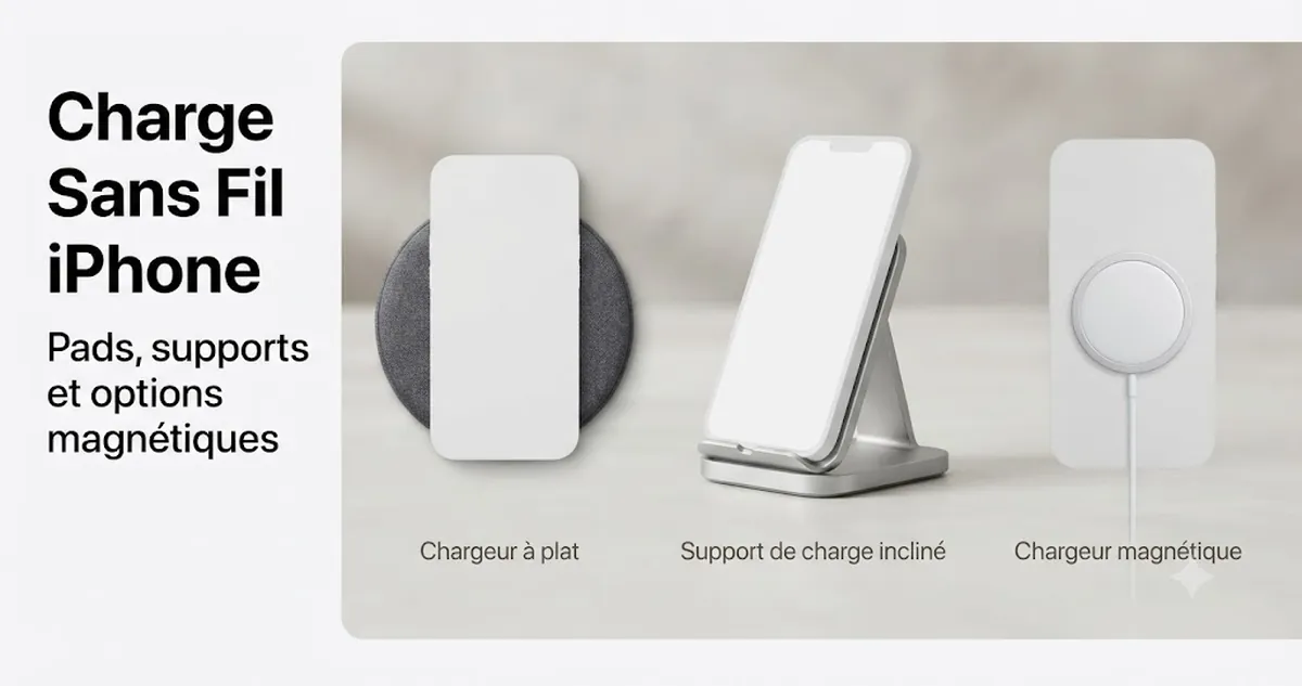 Accessoires de charge sans fil pour iPhone avec pads, supports et options de charge magnétique