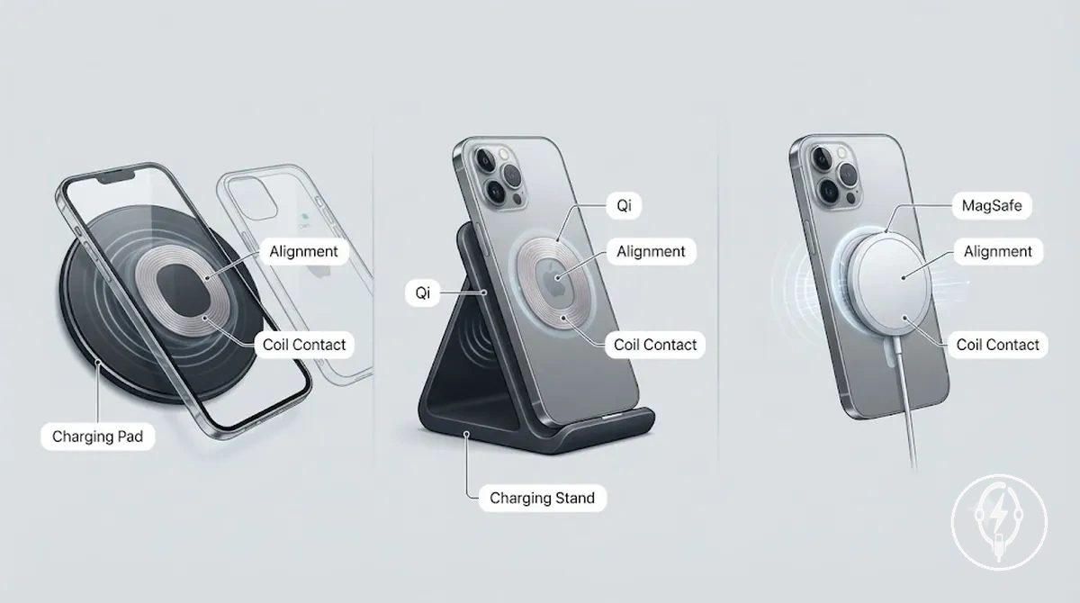 Exemplos de posicionamento de base de carregamento sem fio, suporte, Qi e carregador magnético para iPhone