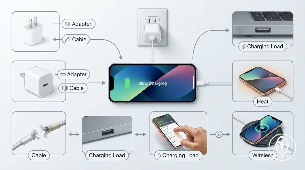 iPhone exibindo um aviso de carregador lento enquanto conectado a um acessório de carregamento