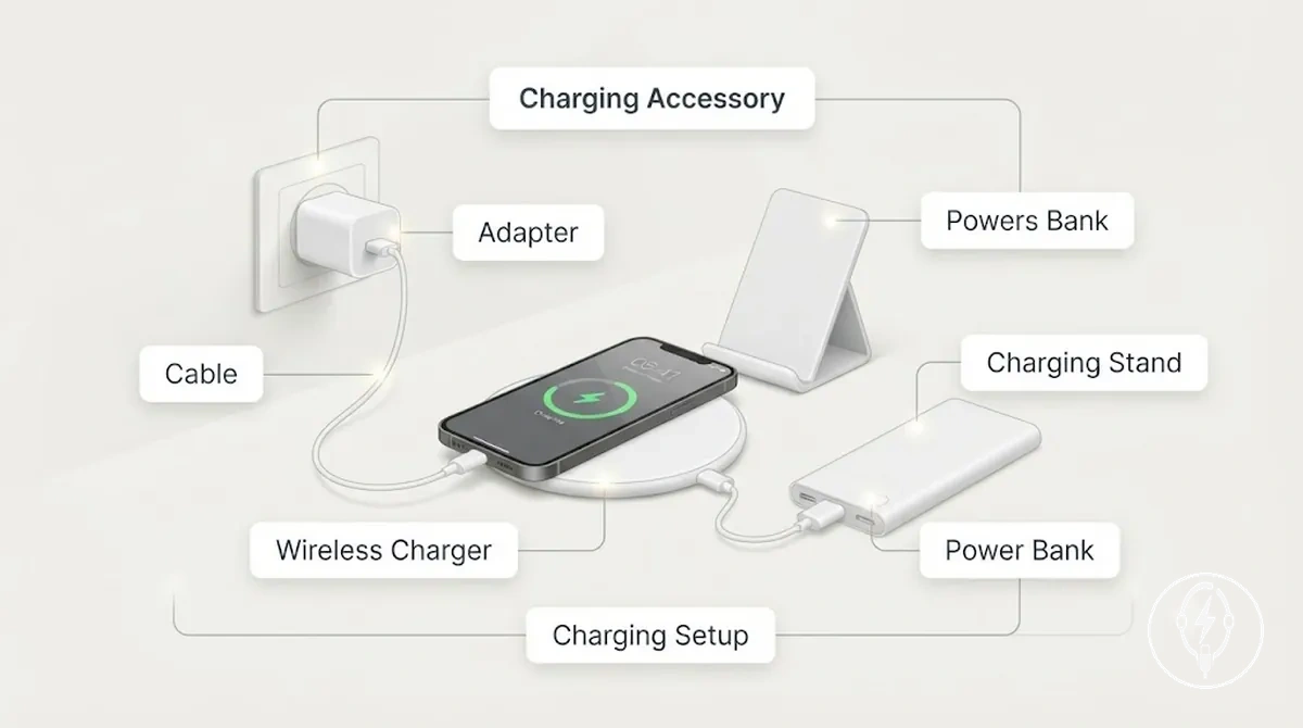 Acessórios de carregamento para iPhone incluindo um cabo de carregamento, adaptador de energia, carregador sem fio e banco de energia