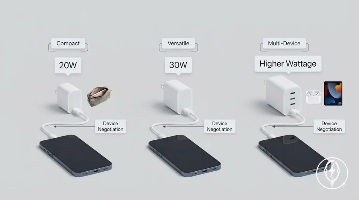 Opções de potência para carregamento rápido do iPhone mostrando adaptadores de 20W, 30W e potências superiores