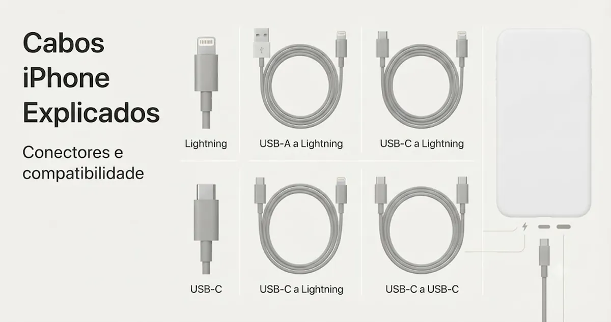 Cabos de carregamento para iPhone e pontas de conectores organizados para comparar compatibilidade