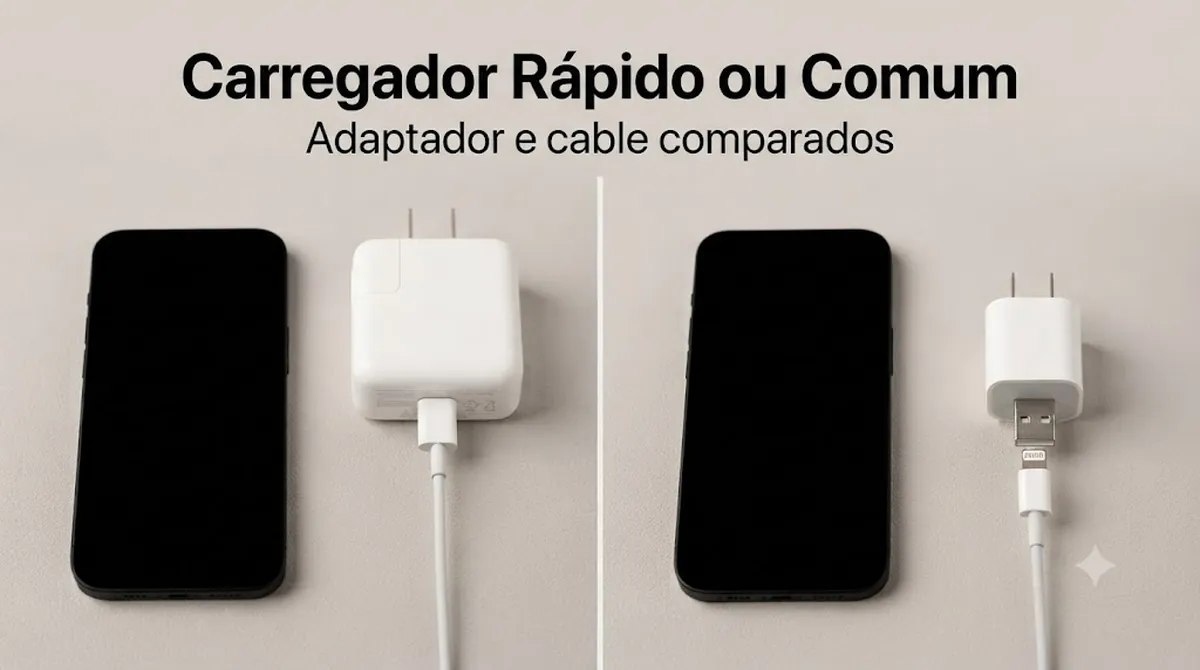 Carregador rápido e carregador comum para iPhone comparados por adaptador e cabo