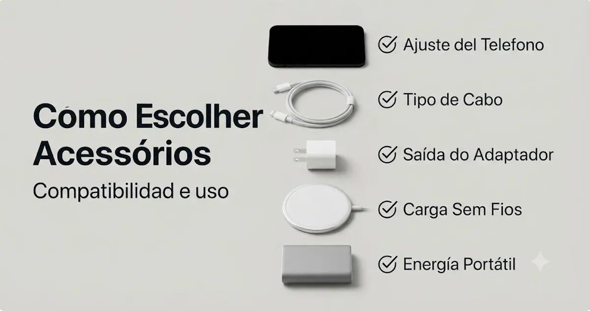 Seleção em formato de checklist de acessórios de carregamento para iPhone por compatibilidade e uso