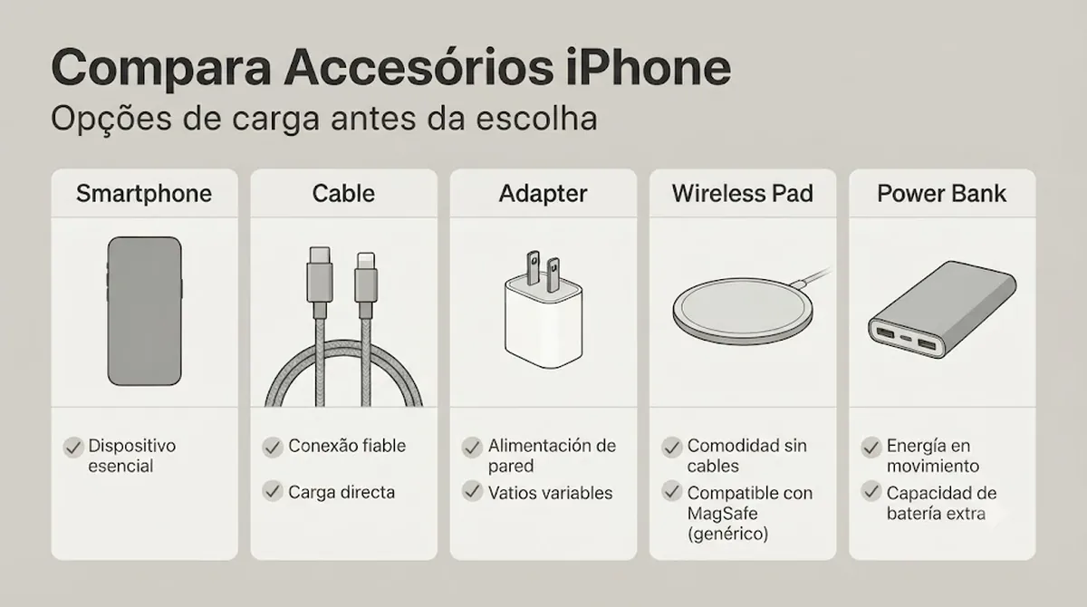 Acessórios de carregamento para iPhone organizados para comparação antes da compra