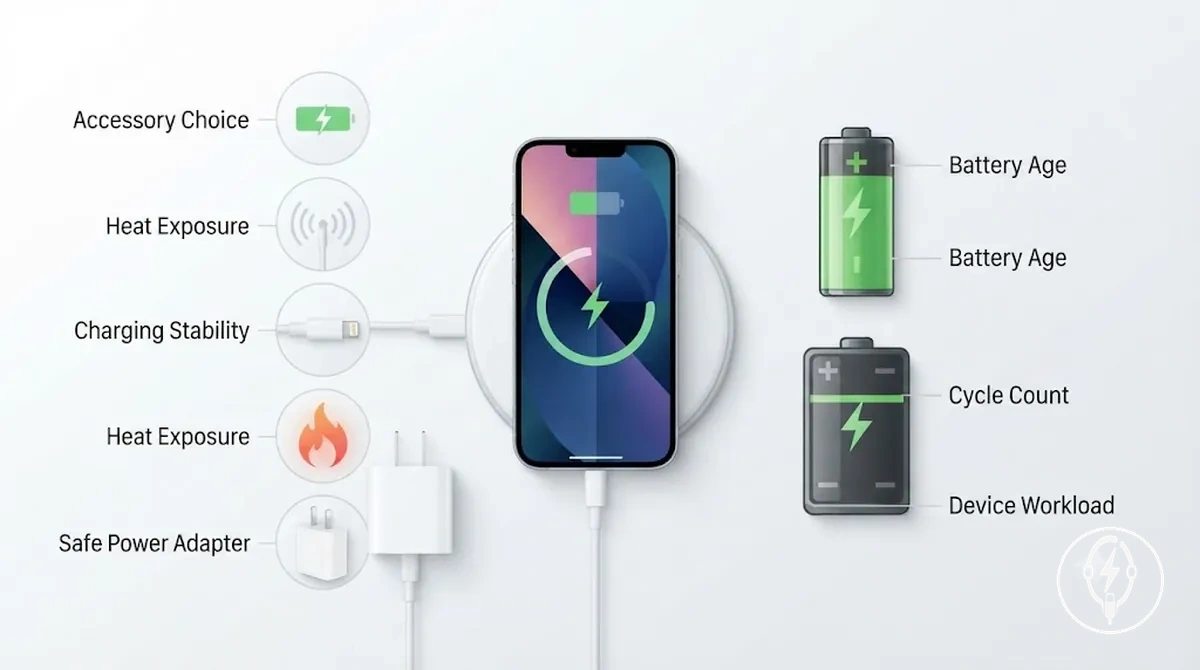 iPhone pil aşınmasını etkileyen aksesuar faktörleri ile aksesuar dışı faktörlerin karşılaştırması